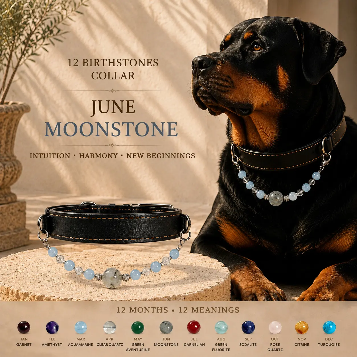 Unisex Non-Natural Crystal Chain Pet Collar Necklace - June Birthstone Moonstone, Multi-Size, Puppy & Kitty Gift Idea