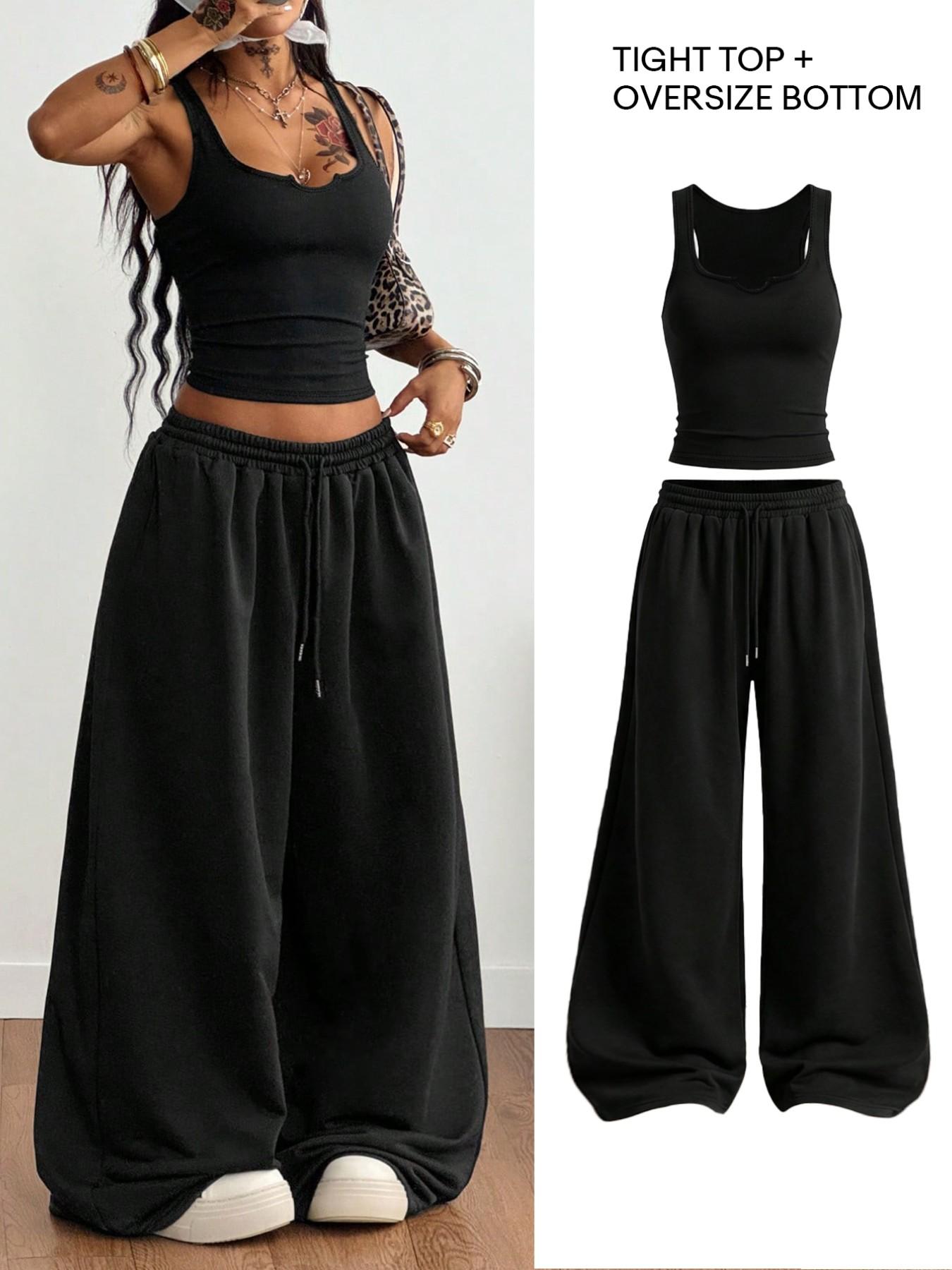 Trendy Black Fitted U-Neck Strap Dress + Draped Wide Leg Floor-Length Pants Streetwear Flirty Girl Style Elastic Waist Comfortable Tall-Look Streetwear Women's Two-Piece Set Outfit