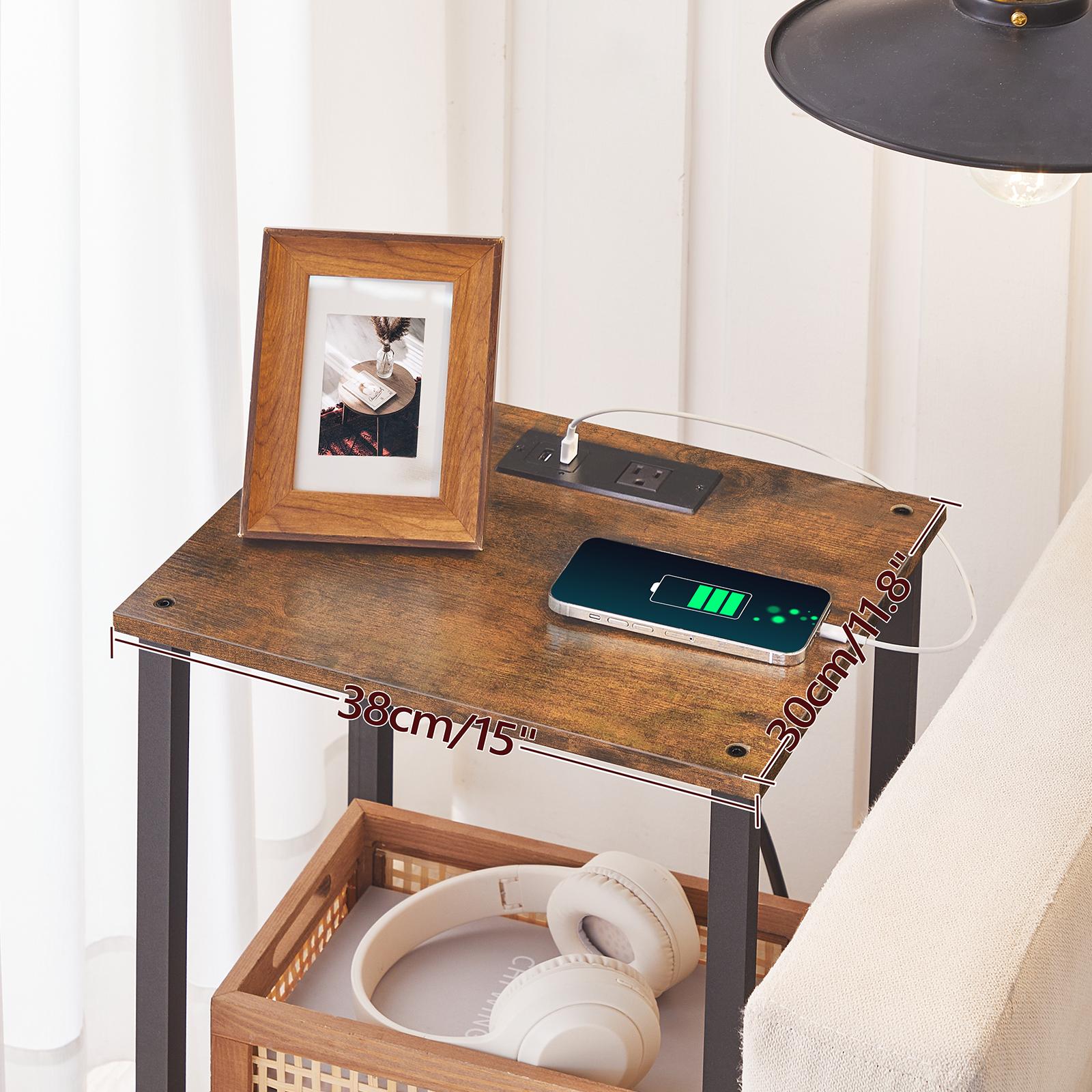 MAHANCRIS Small End Table with Charging Station, Nightstand with USB Ports and Outlet, Wooden Bedside Table for Small Space, Living Room, Bedroom, Rustic Brown