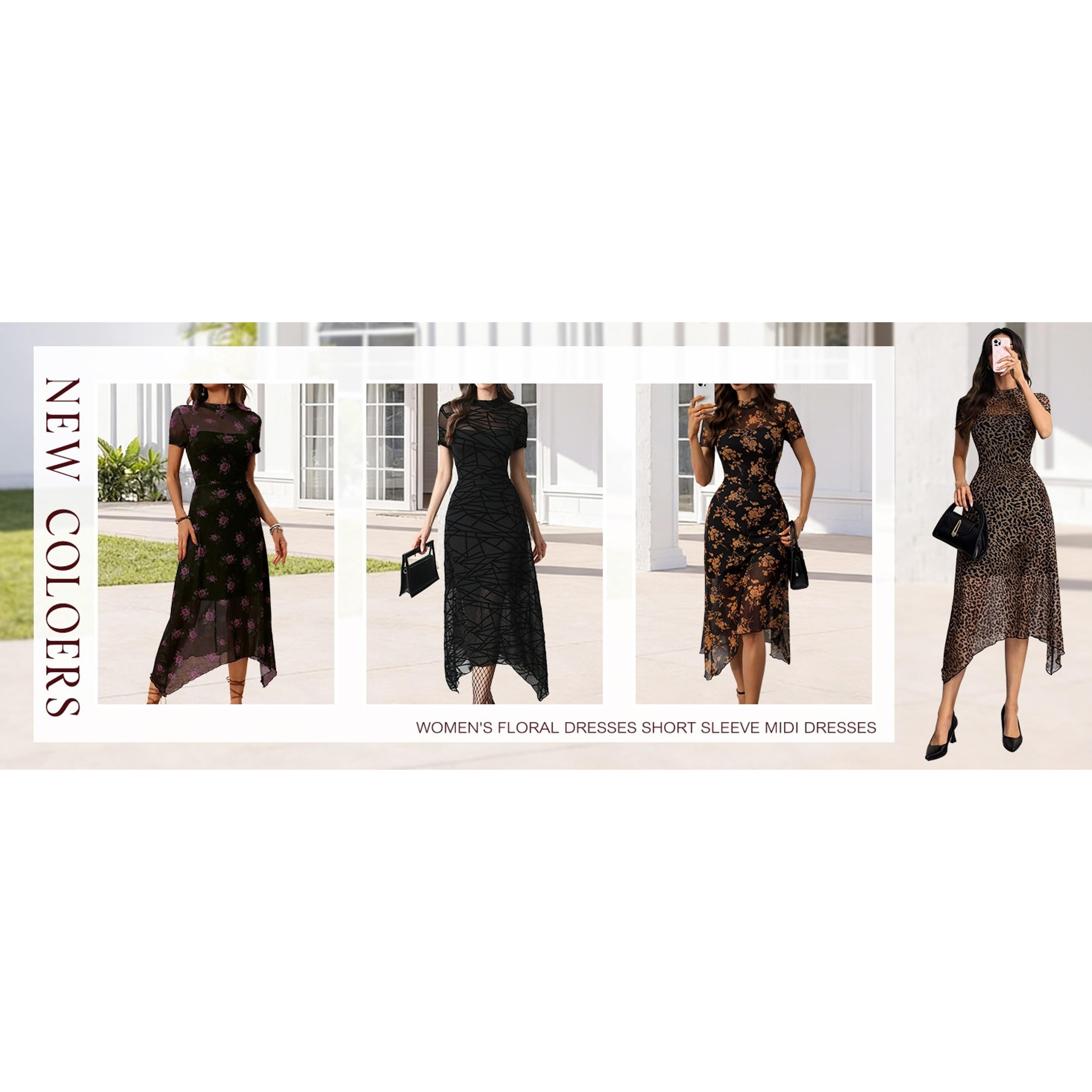 Women's Vintage Goth Midi Dress - Floral Print, Mesh Spliced, Double-Layered, Irregular Hemline, Flower Accent, Slim Fit, for Wedding Guests, Party, Casual, Everyday Wear