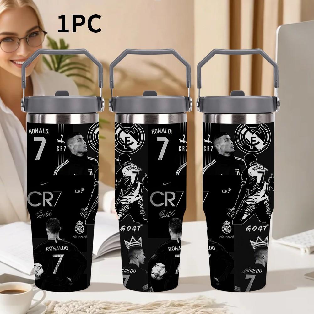 1pc C Ronaldo Print Insulated Travel Mug Tumbler, Long-Lasting Heat and Cold Retention, Stainless Steel Thermal Reusable Cup, Ideal for Fishing, Camping, Office