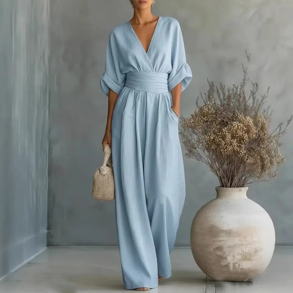 European and American new Amazon solid color elegant waist cinched V-neck temperament women's jumpsuit for women