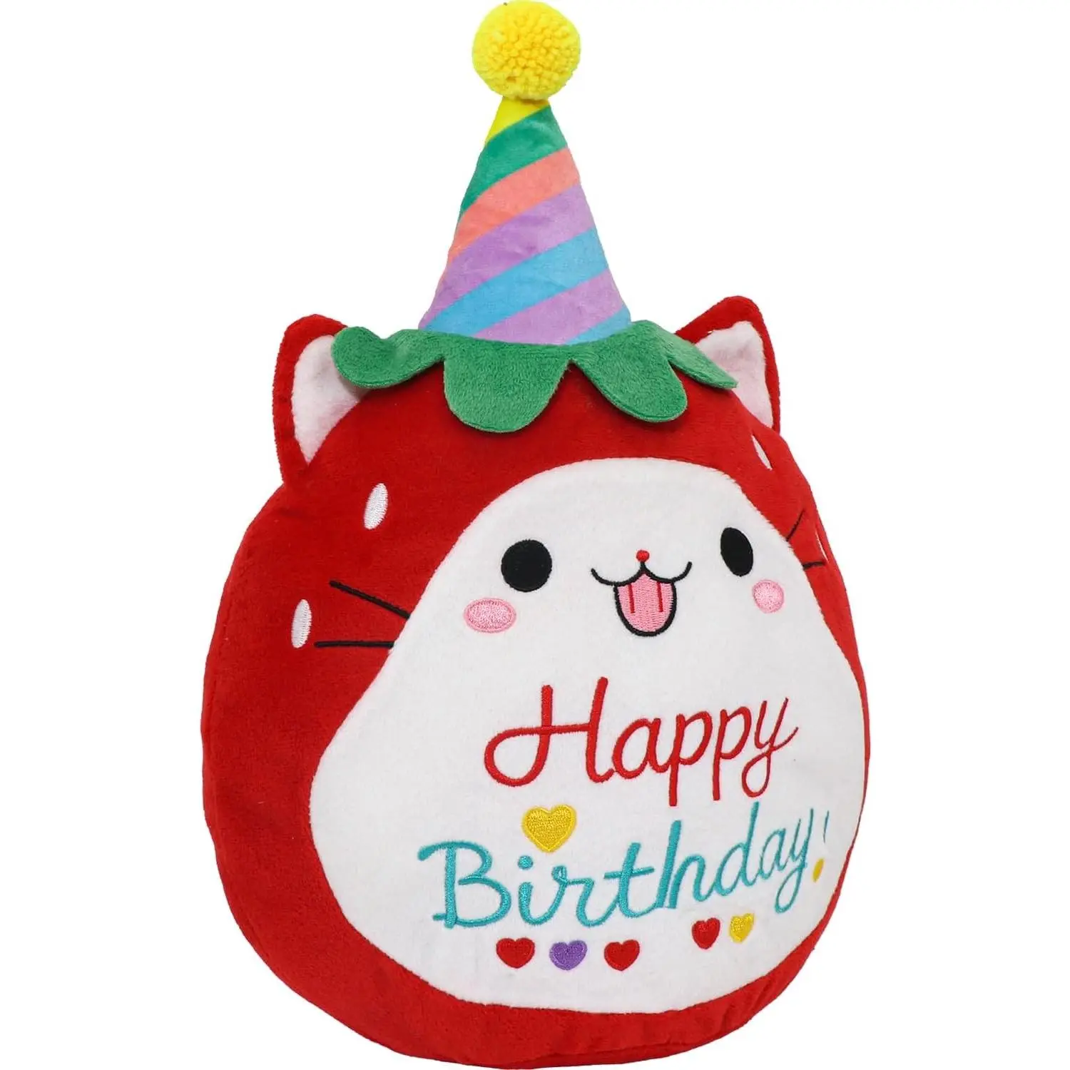 Strawberry Cat Plush Stuffed Animal Red Cat Wearing Birthday Hat Kawaii Soft Home Decoration Gift for Boys GirlsGift