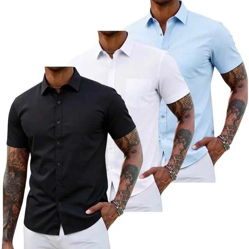 Men's cotton-polyester blend shirt, business and casual button-up shirt, short-sleeve non-stretch shirt