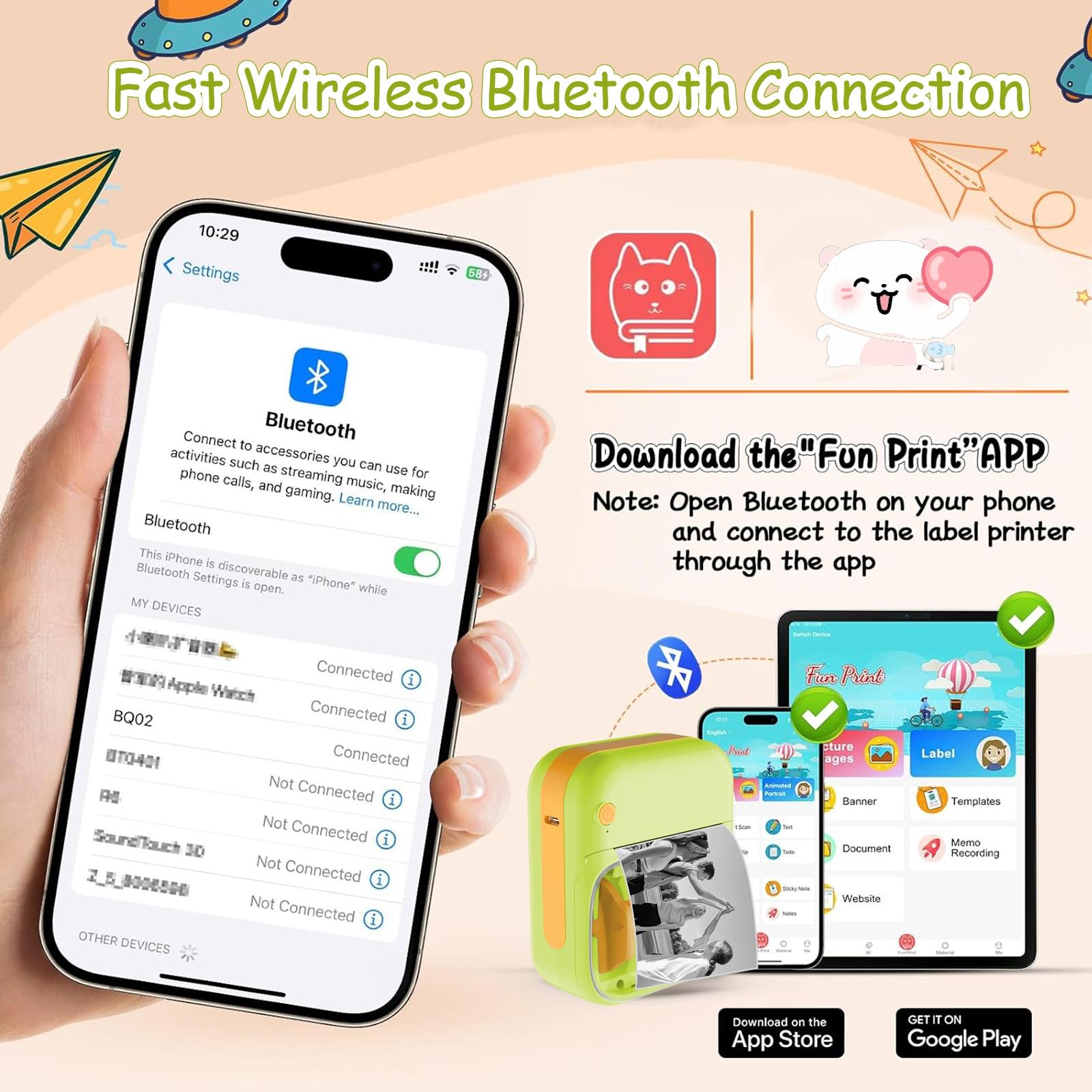 Mini Bluetooth Printer - Portable Thermal Printer for Diary/DIY Scrapbooking/Travel/Notes/Lists/Labels/Memos, Receipt Printer Ideal for Children's Christmas Birthday Gifts, Halloween and Thanksgiving Presents