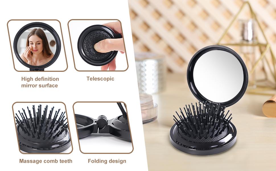 6 Pcs Mini Hair Brush, Compact Travel Hair Brush, Portable Travel Brushes for Hair with Makeup Mirror, Round Hair Massage Comb for Women Girls, 6 Colors