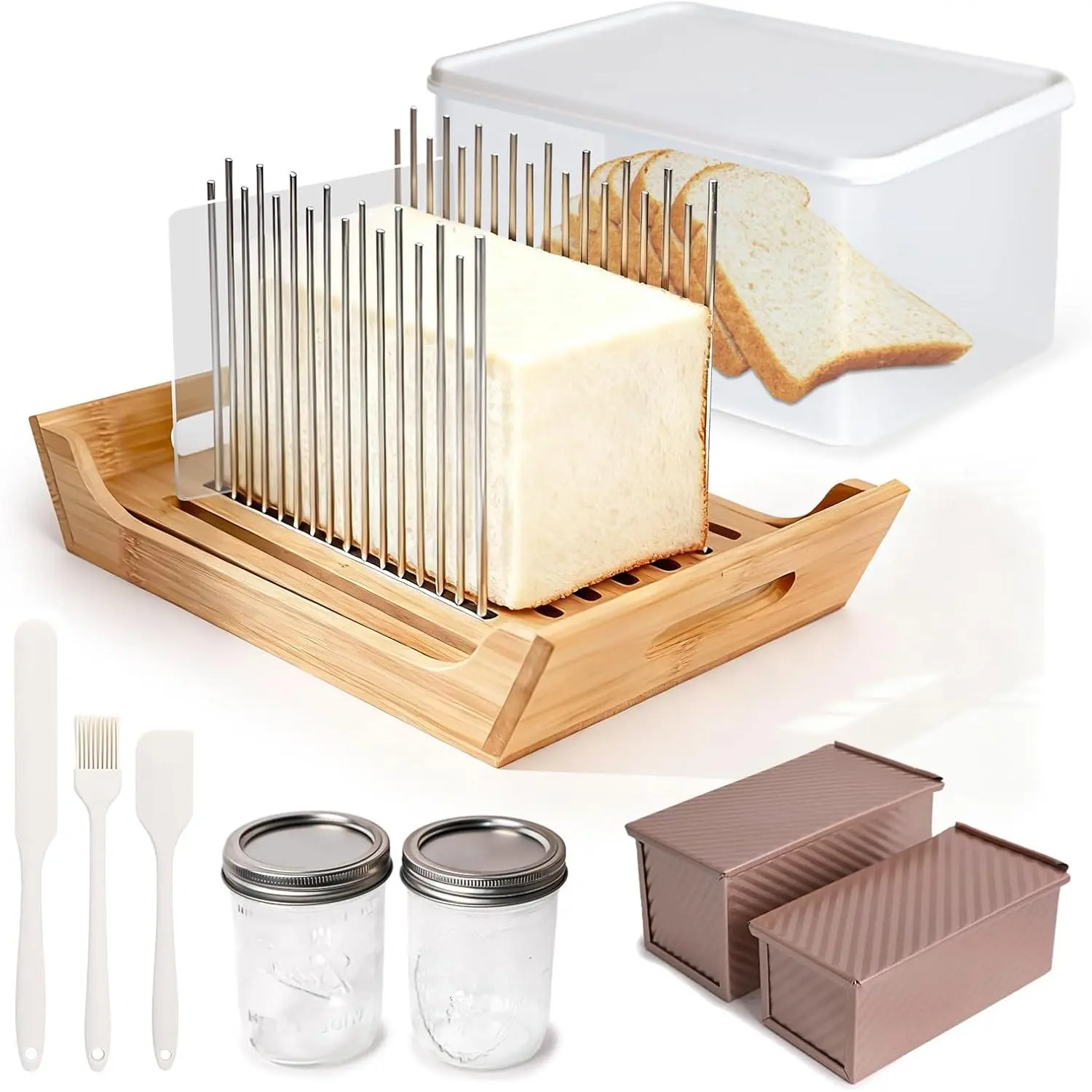 6 In 1 Homemade Bread Slicer With Bread Box For Homemade Bread,Adjustable 304 Stainless Steel Guide With Crumb Tray 2 Loaf Pan With Lid Mason Jars Basting Pastry Brush And Scraper Bread Loaf Slicer