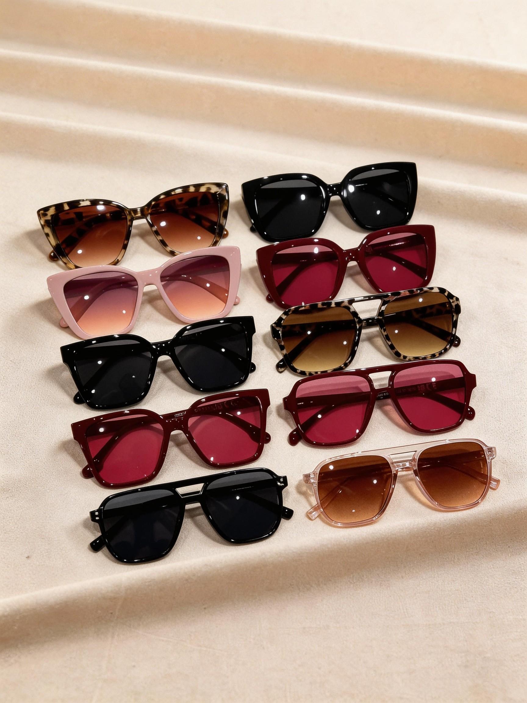 10 Pairs Classic Women's Large Frame Sunglasses, Retro Style, Perfect for Music Festivals and Parties, Fashionable Accessory