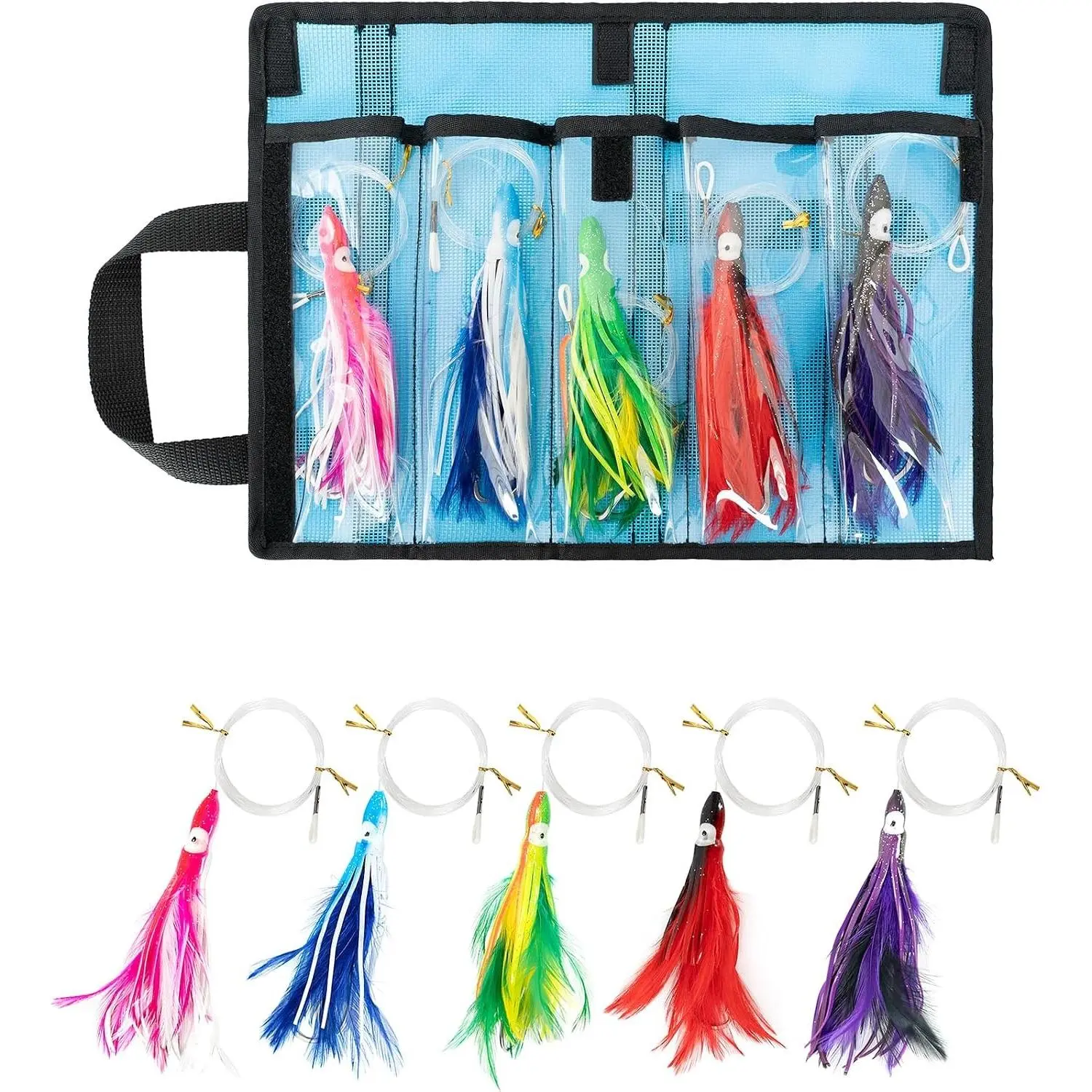 5 Pack Tuna Feather Squid Lure Set Fishing Teaser with 4in/6in Feathered Trolling Octopus and Stainless Steel Hook for Mahi Wahoo Marlin Big Game
