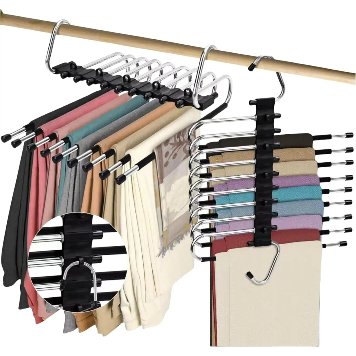 Black Foldable Pants Hangers, 9-Layer Organiser with Foldable Bars, Compact Hanging Home Organizer for Space Saving, Pants Storage