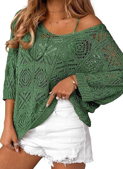 Women's Spring/Summer Crochet Hollow Out Three-Quarter Sleeve Pullover Sweater Batwing Sleeve Vacation Style Intellectual and Gentle Style
