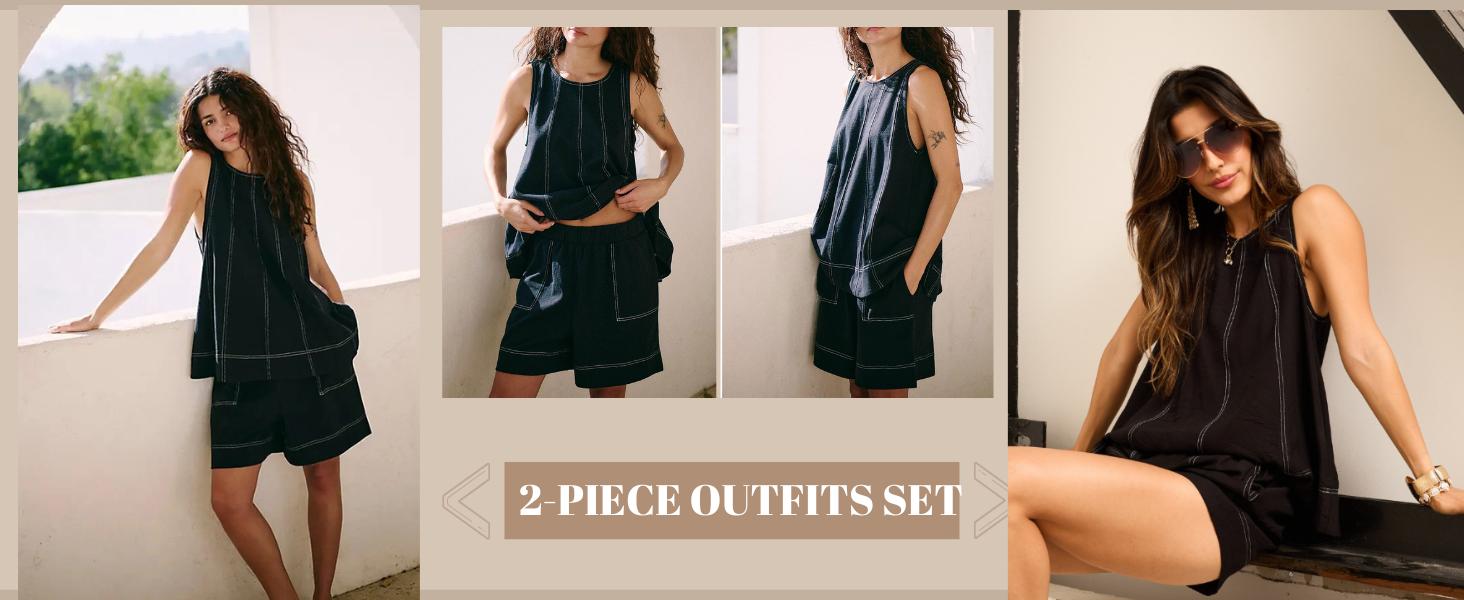 SCUSTY Women's Two Piece Outfit Cotton Matching Set A-Line Sleeveless Tank Tops and High-Waist Shorts with Pockets
