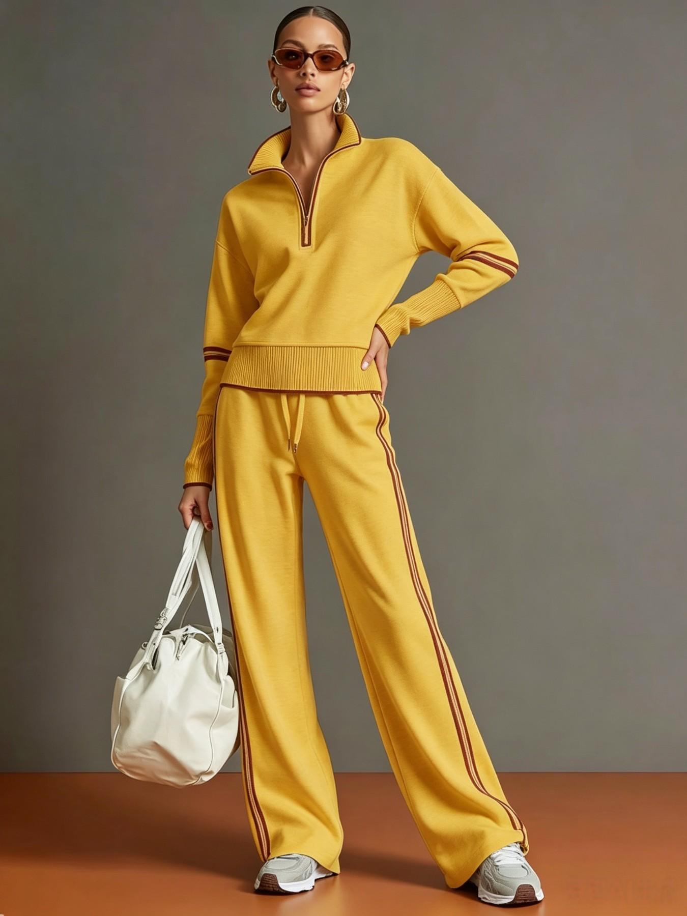 2026 New Casual Sports Set, European and American Fashion Style, Colorblock Stand Collar Sweatshirt, Wide Leg Pants Two Piece Set