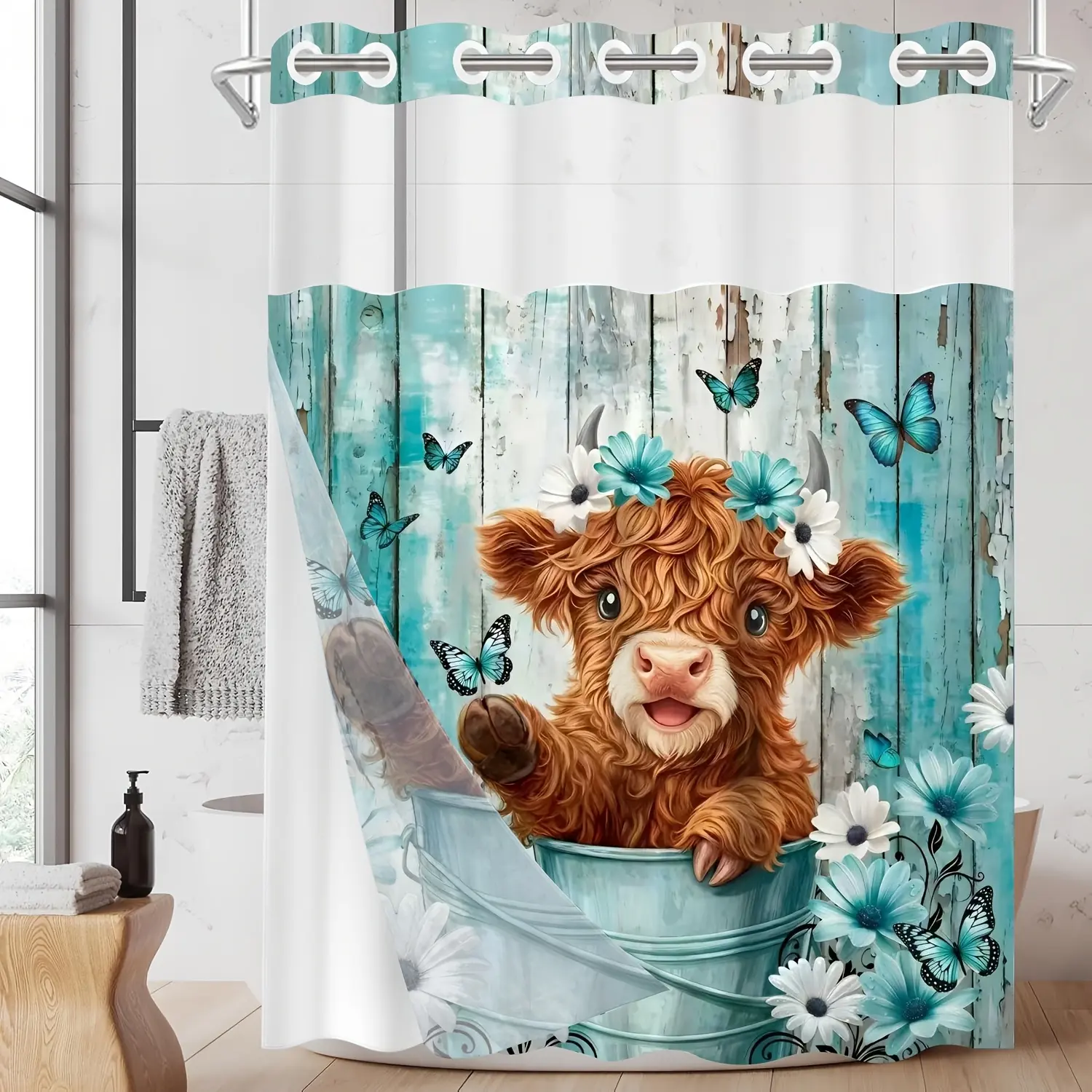 Hookless Highland Scottish Bull Blue Floral Design Shower Curtain with Snap Fabric, Mesh Top Window Shower Curtain, Hotel Luxury Heavy Duty Bathroom Curtain and Lining Set