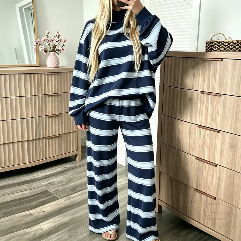 2026 Fall Winter Women's Striped 2 Piece Outfit, Mock Neck Long Sleeve Loose Top & Wide Leg Pants Set, Fall Casual Loungewear Tracksuit for Daily Wear