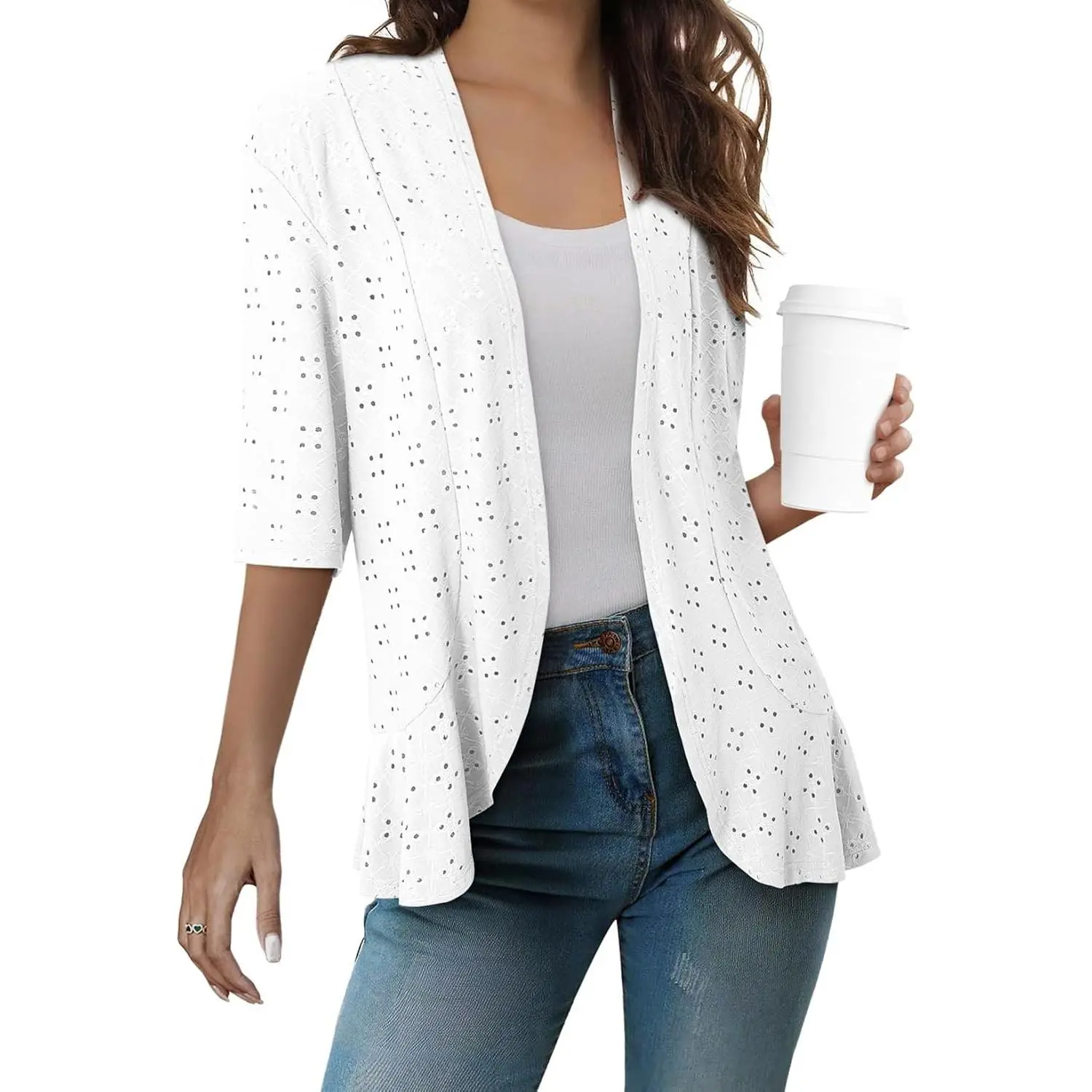 Women's Lightweight Summer Cardigan Spring Netted Knit Ruffle Half Sleeve Kimono Cover Up(Gift)