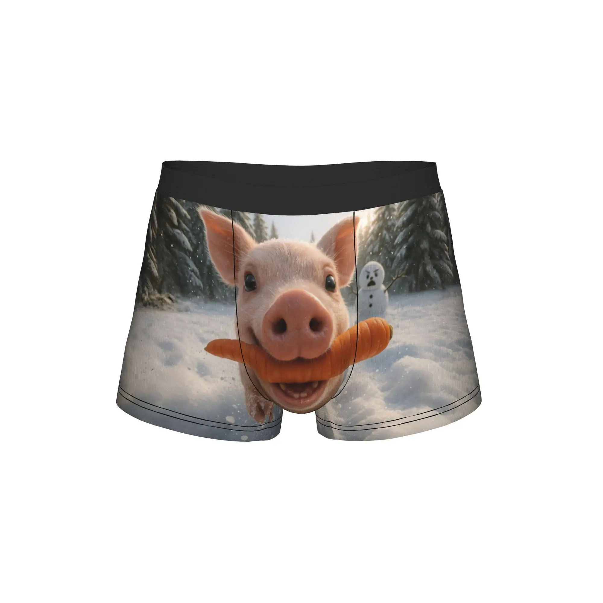 Men's Polyester Boxer Briefs - Cute Pig & Carrot Snow Print, Ventilated, Natural, Smooth, Stretch Menswear Underwear for Office Wear, Classic, Sweat
