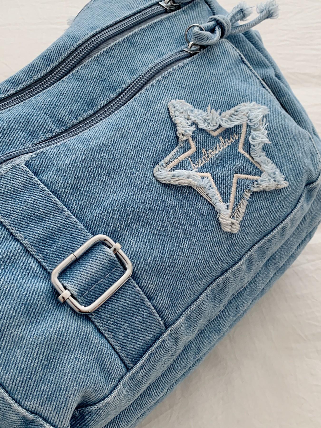 Casual retro texture Denim shoulder bag, Denim shoulder satchel, practical versatile crossbody bag, with multiple zippered pockets and a five pointed star pattern printed, suitable for commuting, shopping