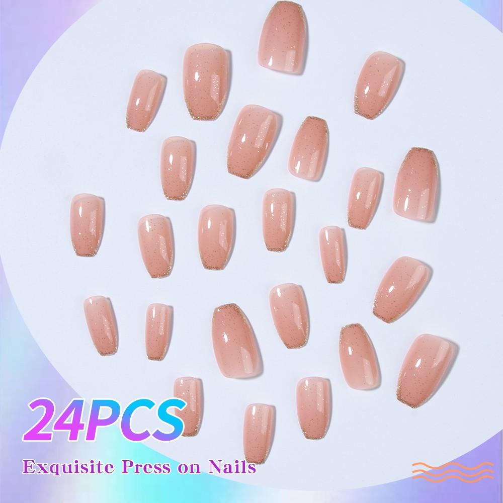 24pcs Nude Fine Gold French Nail Tips, Soft Diamond Gradient Nail Art Manicure, Luxurious Finish, Medium Square Shape