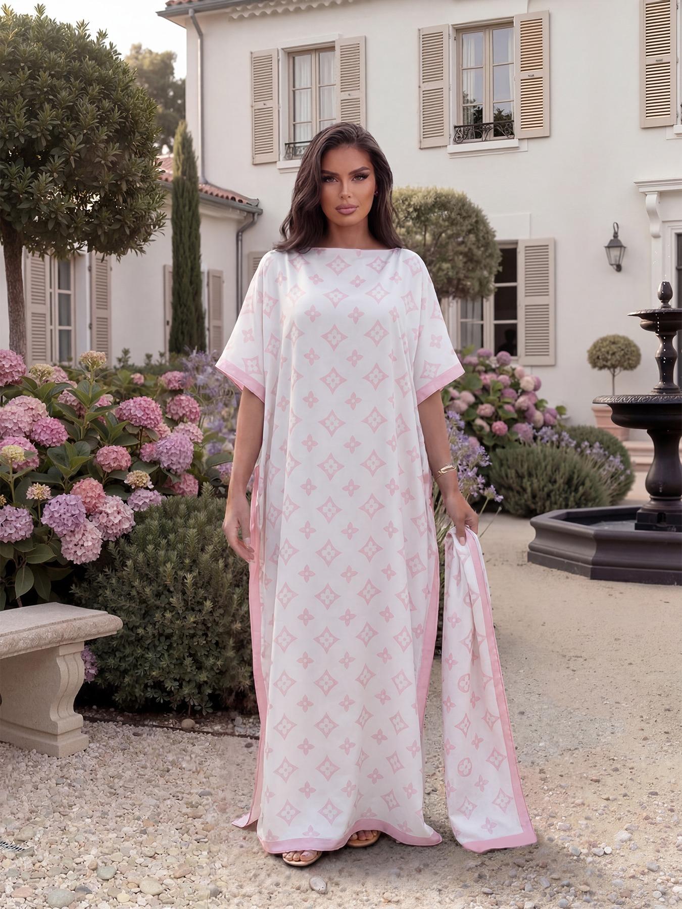 Women's Elegant Chic Geometric Print Robe Set, Long Dress & Scarf Shawl, Beach Sun Protection Satin Silk Matching Set