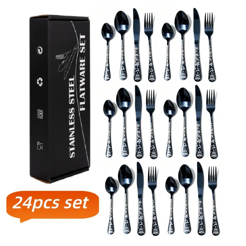 24-Piece Stainless Steel Cutlery Set, Christmas Reindeer Design, Easy Clean, Ideal for Home, Holidays, Cafes, Restaurants