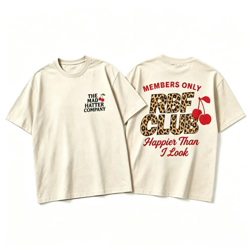 Soft Funny Graphic T-Shirt - RBF Club Round Neck Leopard Cherry Bow Print Top, Retro Coquette Style Streetwear Clothing, Sarcastic Resting Bitch Face Sports Top, Deals for Today