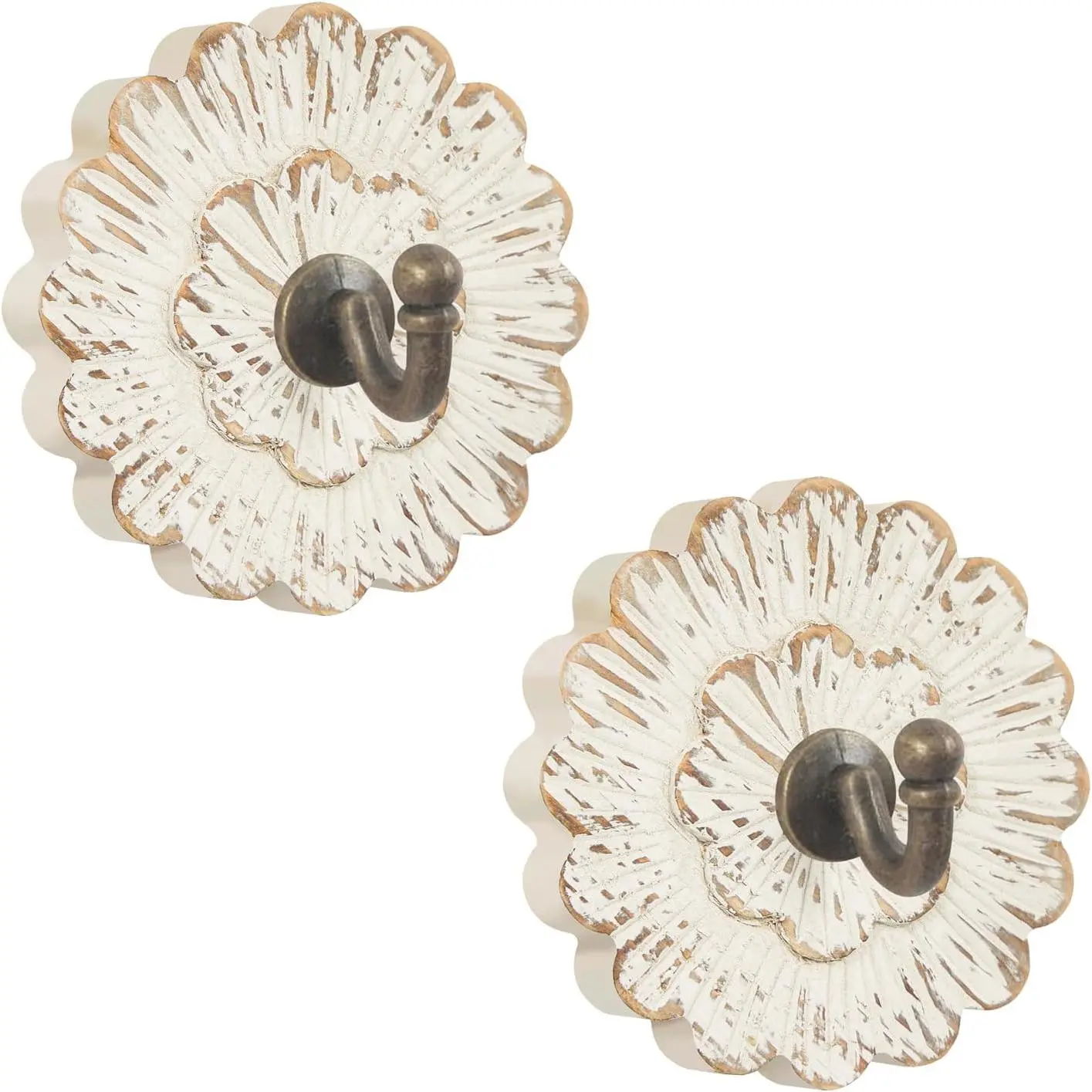 Weysat 2 Pcs Vintage Hooks for Wall Wood Farmhouse Towel Hooks Shabby Chic Wall Decor Boho Coat Hanger for Home Kitchen Office Keys Bags Towel (Flower)