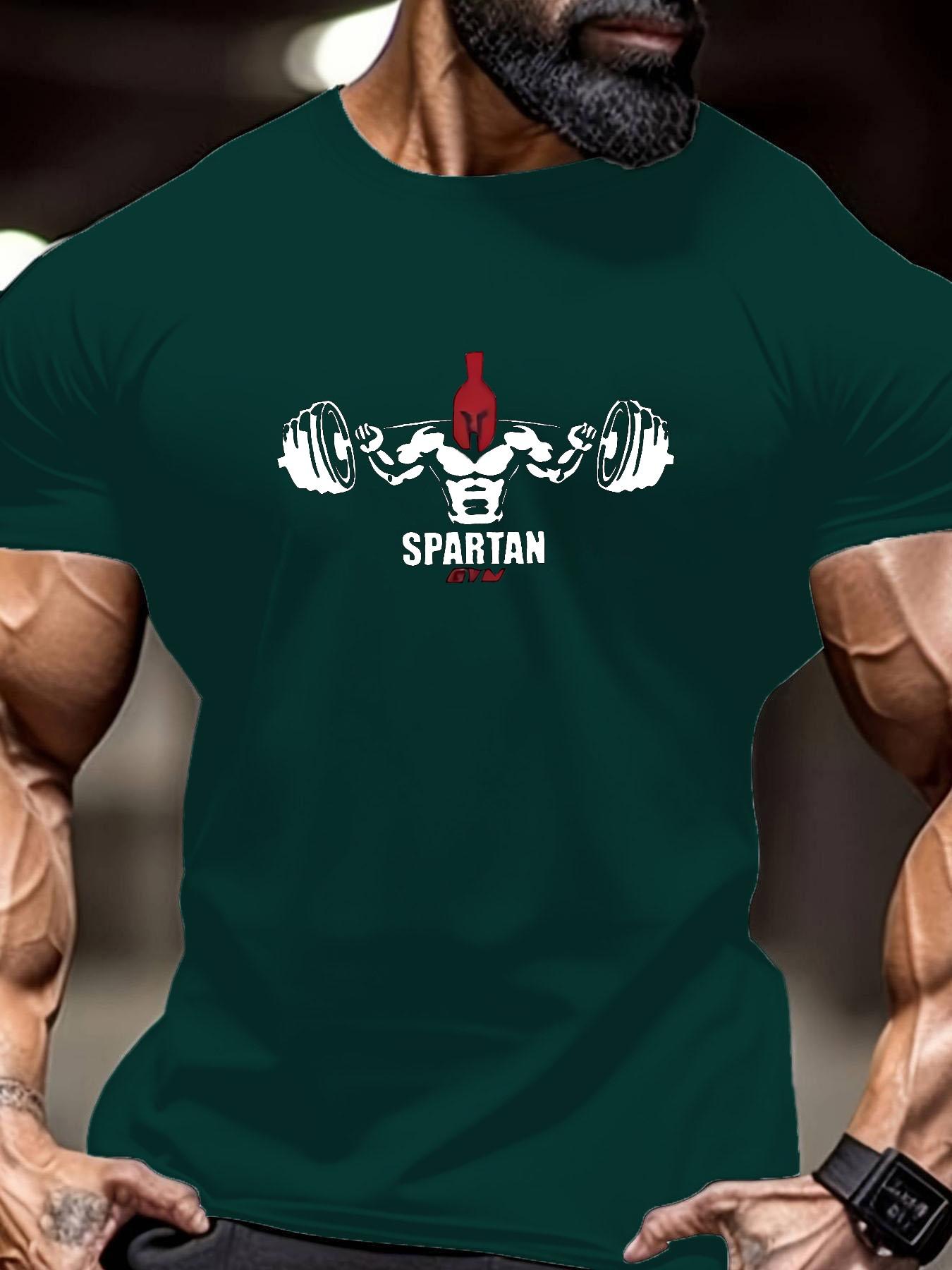 Men's Regular Fit Spartan Print Round Neck Tee, Casual Short Sleeve Crew Neck T-Shirt for Summer, Fashion Men's Top for Gym Workout Running Athletic Style Activewear Clothing