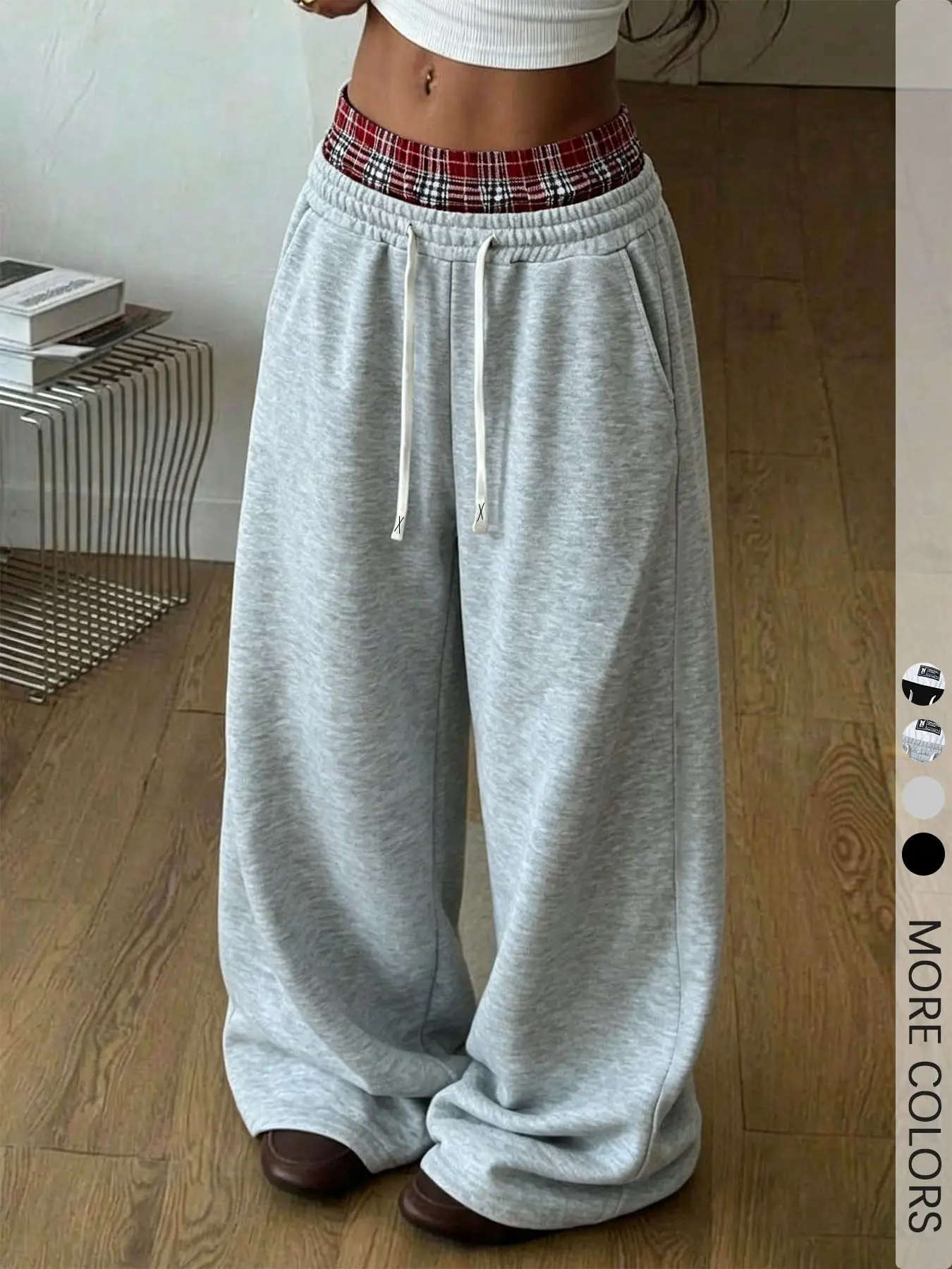 Women's Double Waistband Wide Leg Sweatpants, Plaid Layer Waist Drawstring Joggers, Y2K Streetwear For Daily Casual