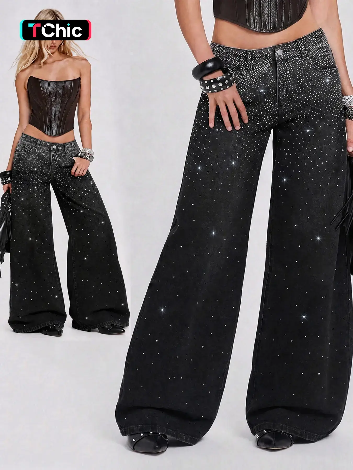 Women's High-Waisted Wide-Leg Jeans, Washed Denim with Rhinestones, Casual Fashion Long Pants, All-Season Wear