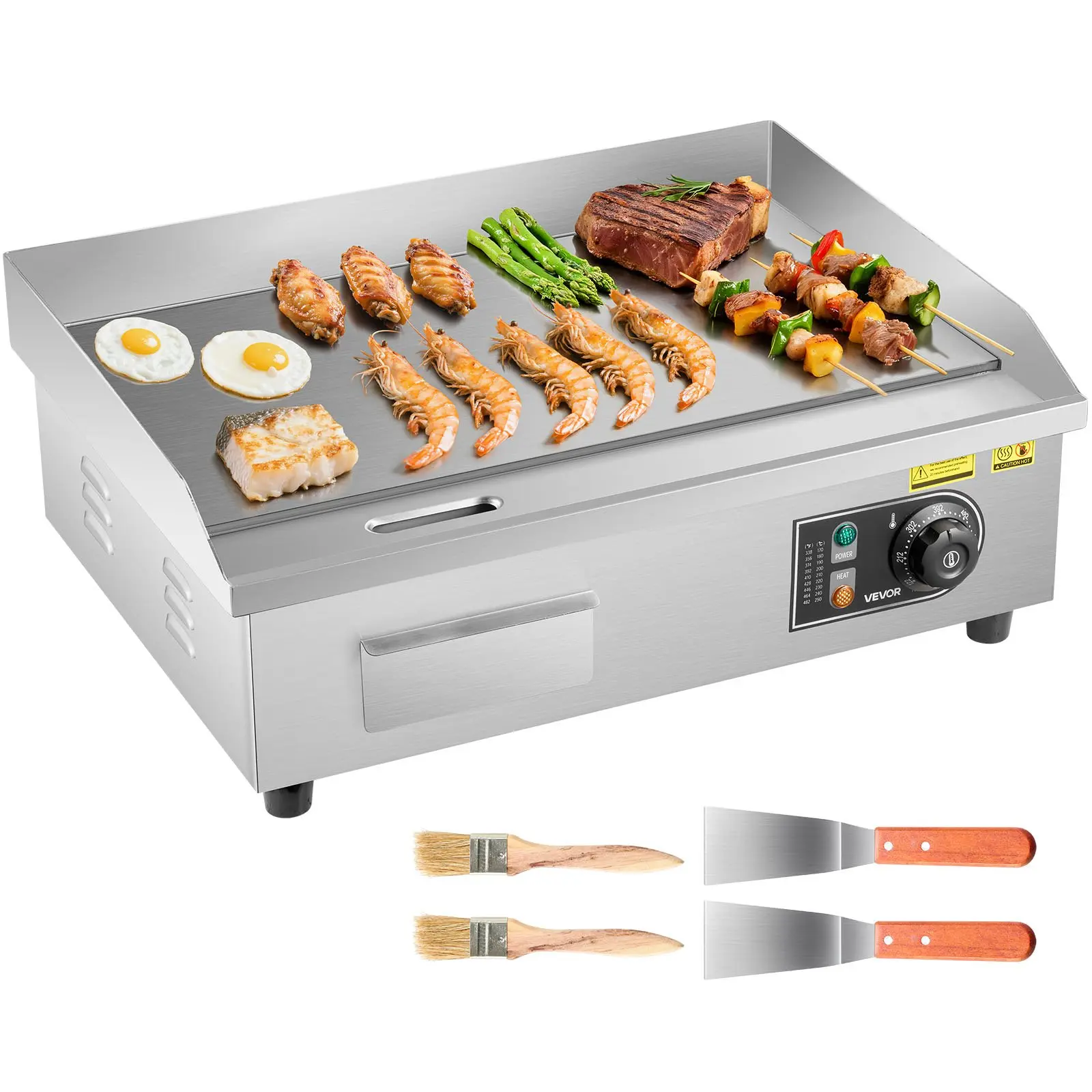 VEVOR Commercial Electric Griddle, 21.06x 11.81 inch, 3200W, 122-570F Adjustable Temp Control, Stainless Steel Body, Full Flat, with 2 Spatulas, 2 Brushes, and 4 Foot Pads, for Steak, Pancake