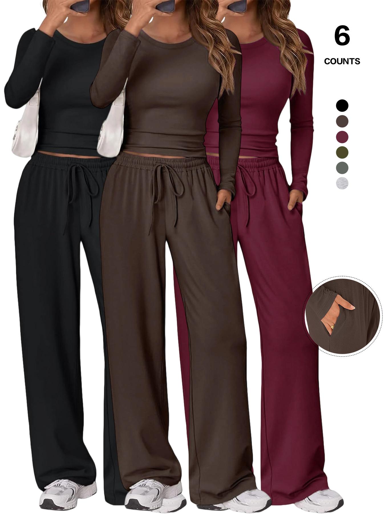 2026 Women's 2 Piece Matching Lounge Set Long Sleeve Slightly Crop Fitted Top Wide Leg Drawstring Pants Casual Sweatsuit Loungewear