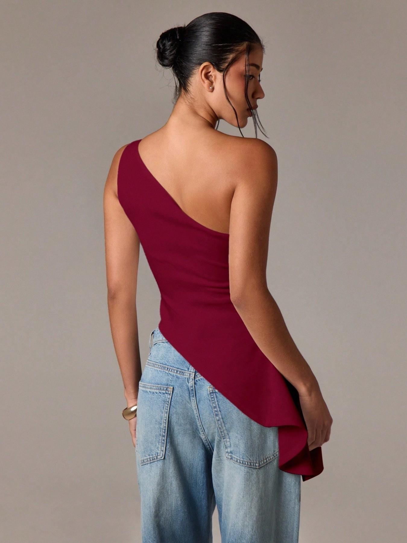 2026 New Irregular Backless Slim Fit Solid Color Top, Asymmetrical Shoulder Versatile Slimming Sleeveless T-Shirt, Fashionable Women's Clothing