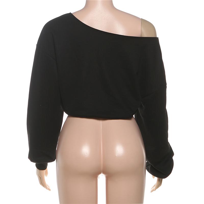 DOUCIU  Trendy Personality High Street Cool Hip-Hop Casual Streetwear Versatile Womenswear Women'S Letter Printing Cross-Shoulder Long Sleeves Short Crop-top T-Shirt