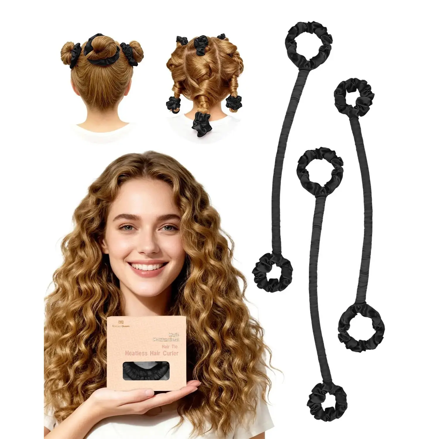 BONNET QUEEN Small Size Foam Satin Rollers 3-Piece Heatless Curls Rods Set - Soft Sponge, Secure Hold, Wrap-Tight Design, Overnight Sleep-In Tool for Curl Transformation (Blush Pink) - For Beginners, Fine/Straight Hair