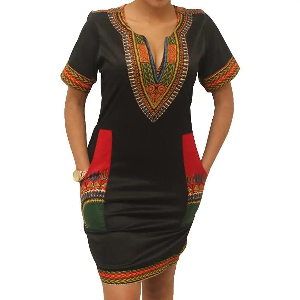 Women's African Dashiki Midi Dress - Silky, Thick, Light, Casual, Fashion Traditional Tribal Vintage Ethnic Attire