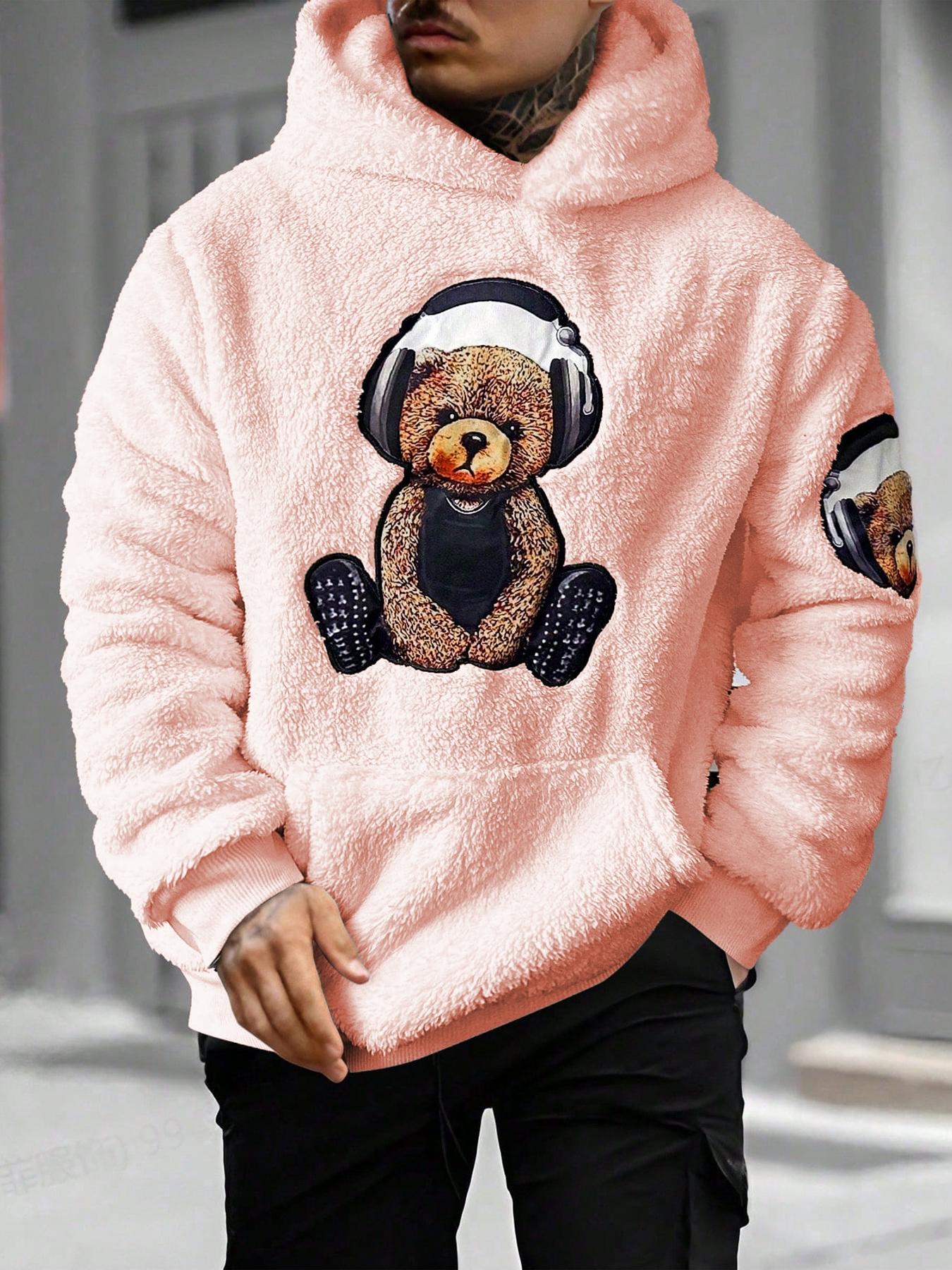 Men's Cartoon Bear Embroidery Pocket Fuzzy Knitted Hoodie, Fitted Casual Long Sleeve Hooded Sweatshirt for Fall & Winter, Men's Clothes for Daily Wear