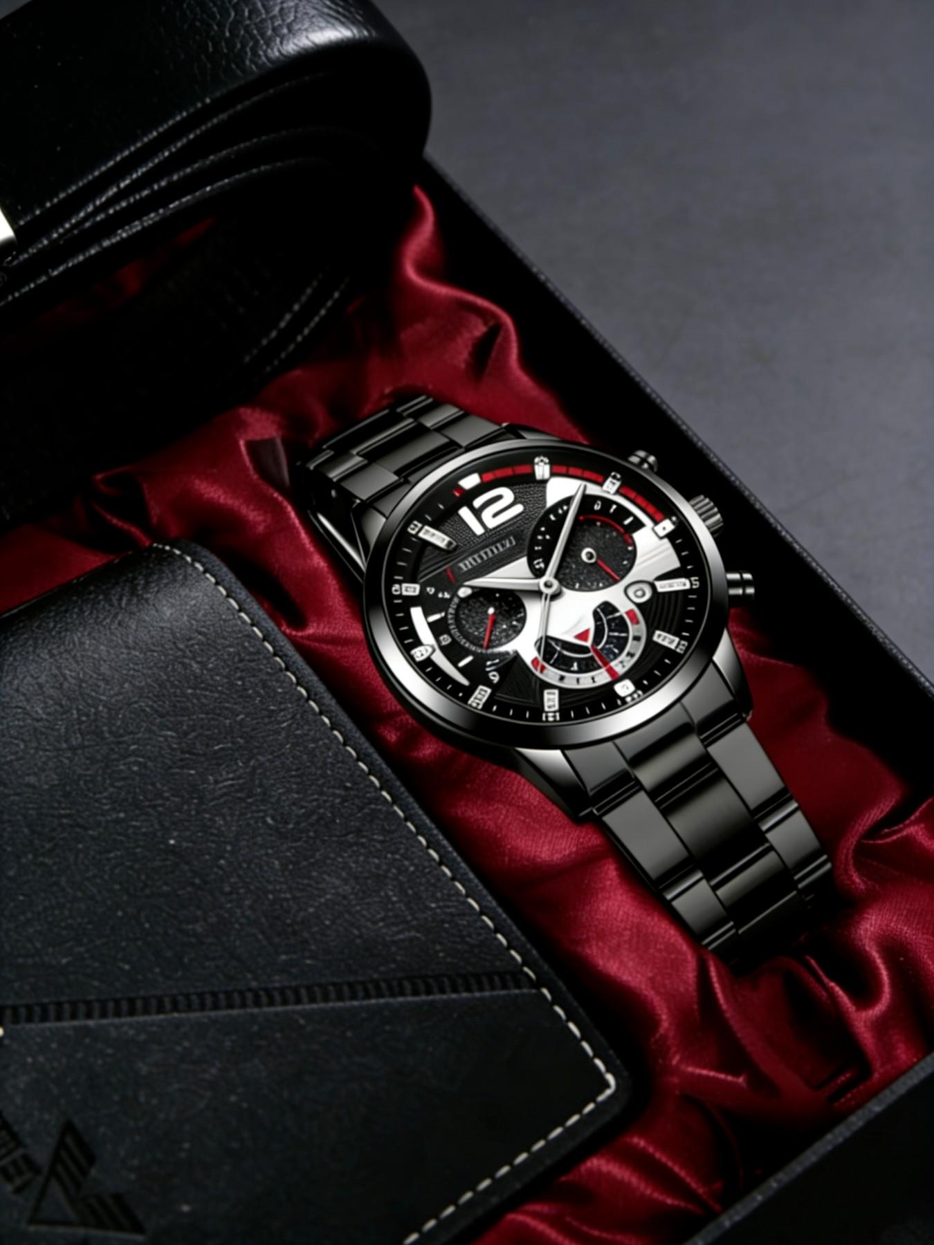 Men's Fashion Quartz Watch Set with Wallet and Belt, Accessories Set, High-End Gift Box Included, Perfect for Business Casual Daily Wear