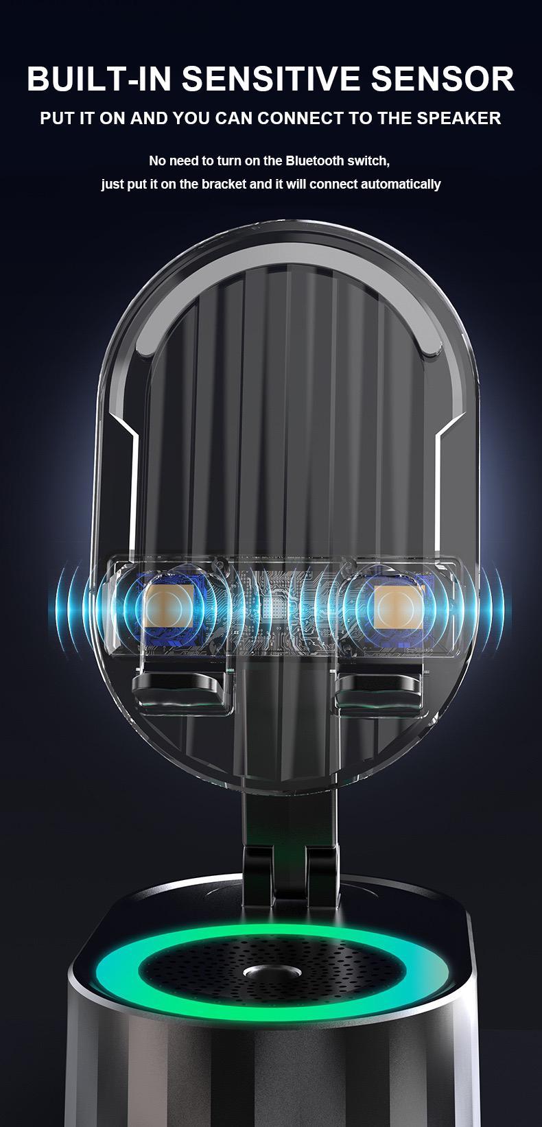 AKLLCCR Cell Phone Stand with Induction/Bluetooth Speaker and Colorful Ambient Light/Power Bank 5-in-1, 5.3 HD Surround Subwoofer Sound,300° Rotable Foldable Lift-Non-Slip Base, Fits Smart Phones