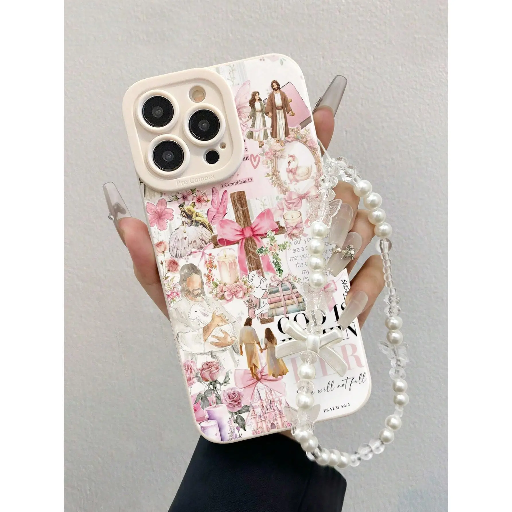 Coquette Christian Bow TPU Phone Case for 16/15/14/13 Series, Fits iOS - Multicolor Shockproof Lightweight Fashion Accessories with Pearl Strap Lanyard, Phone Accessories, Soft, Iphone 16