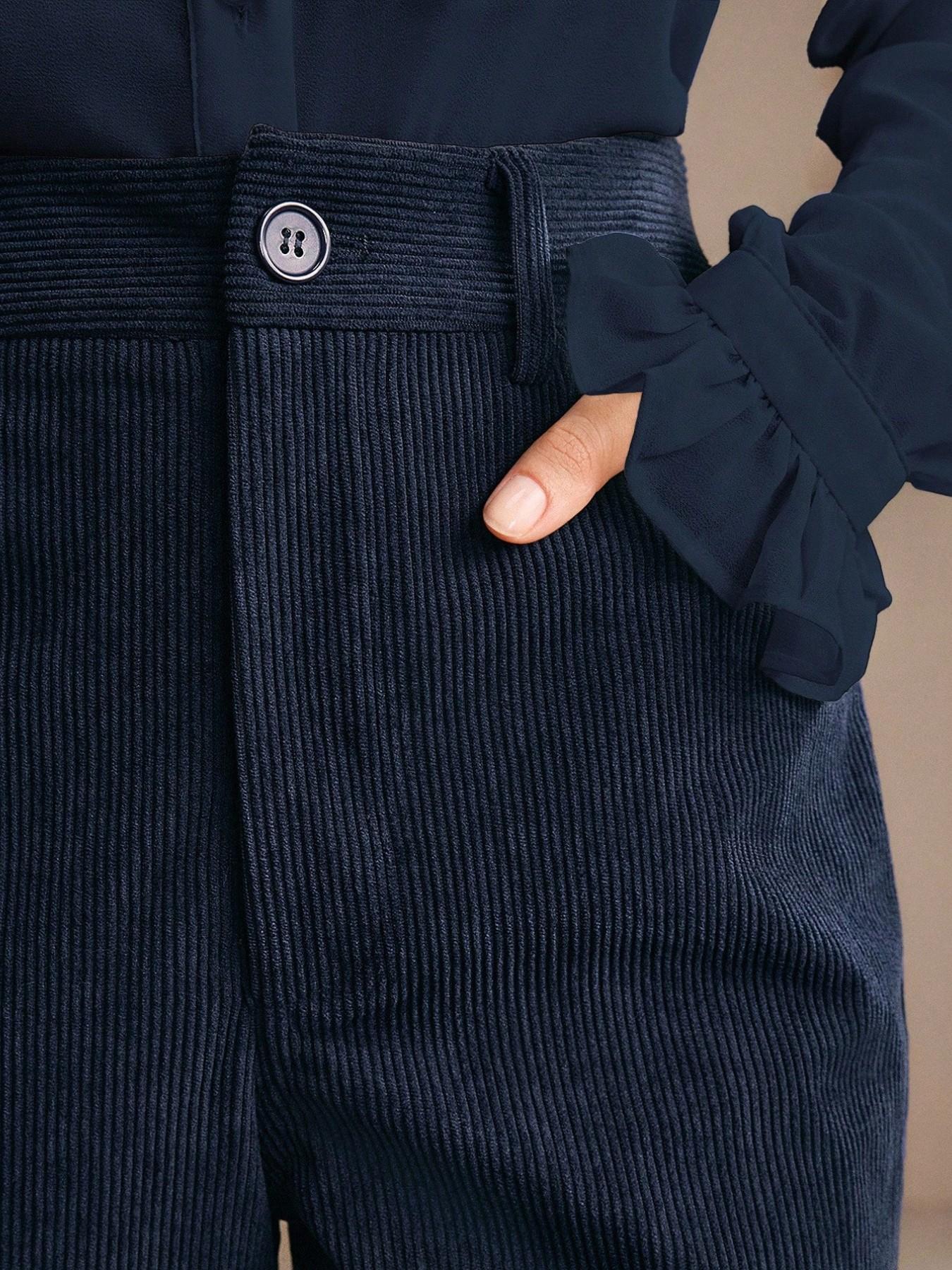 Women's Corduroy Rivet Pocket Flare Pants, Elegant Business Casual Style, Versatile Commuter Essential, Fashion Office Wear