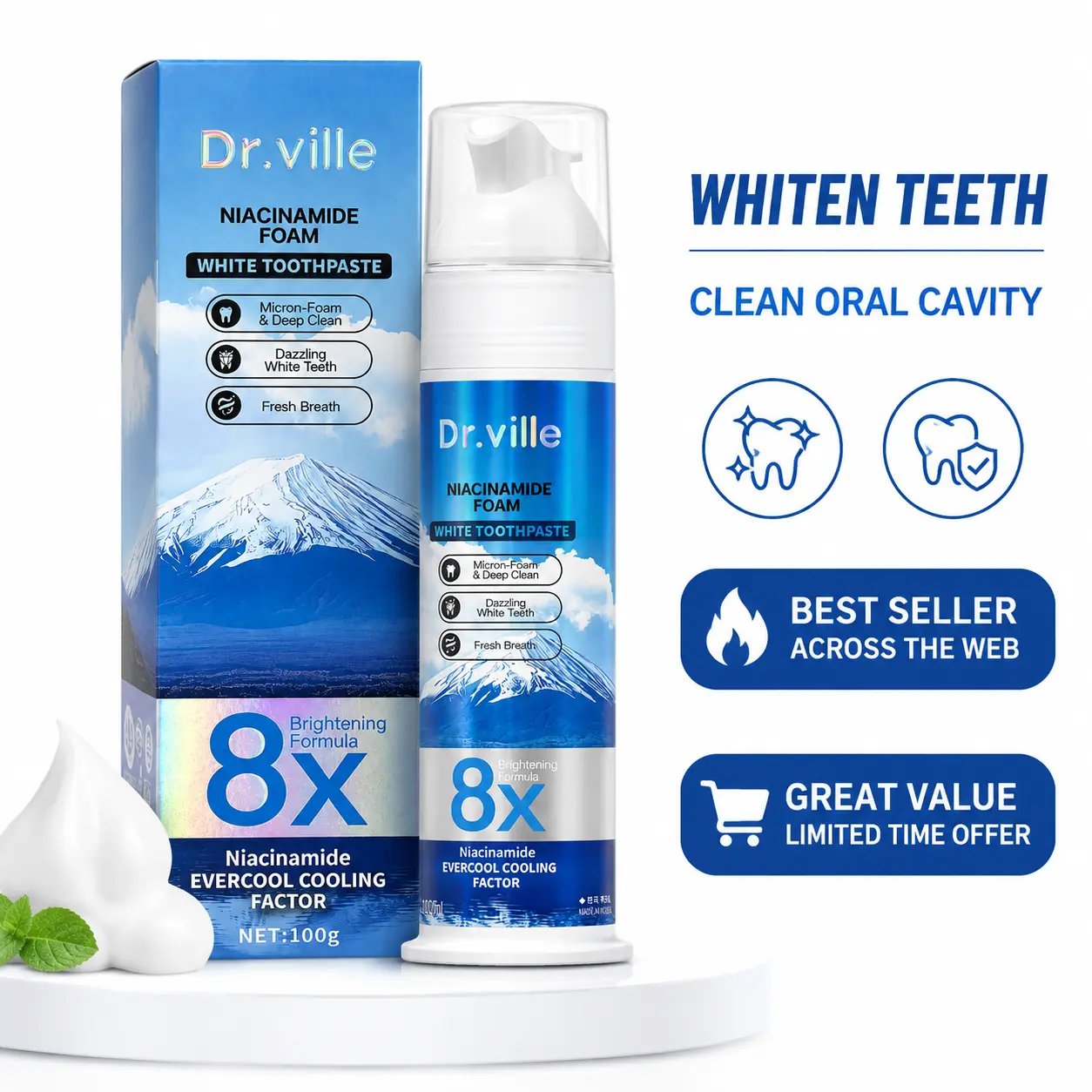 【Professional Formula】Dr.ville 8X Niacinamide Foaming Whitening Toothpaste, Bubble Foam Teeth Cleaner for Brighter Smile, Stain Removal, Fresh Breath, Gentle Daily Oral Care, Mint Toothpaste 100g-B