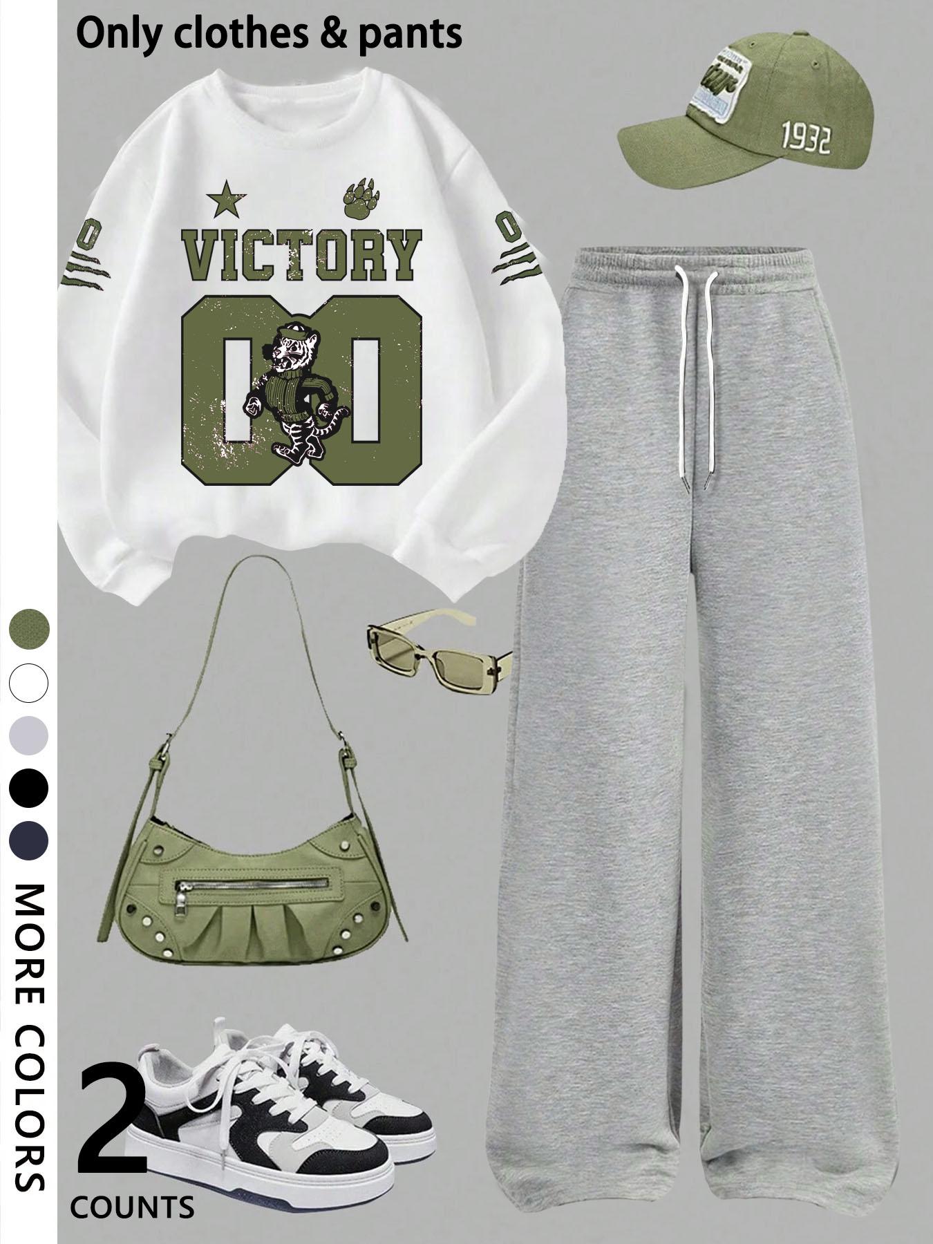 Girls' casual cool Graphic pattern print round neck pullover sweatshirt top and loose casual wide-leg pants, military green fashion dress, suitable for daily and going out Girls' casual cool Graphic pattern print round neck pullover sweatshirt top and loose casual wide-leg pants, military green fashion dress, suitable for daily and going out