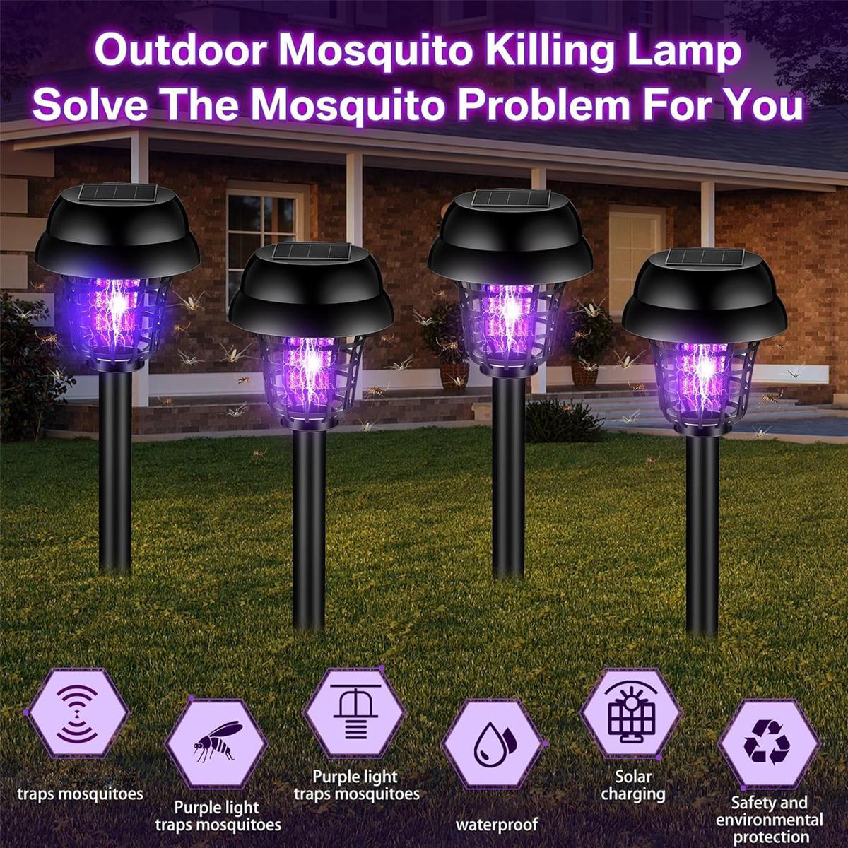 4PCS Solar Bug Zapper Lights Outdoor, 2-in-1 Mosquito Killer and Garden Pathway Lights, Waterproof Solar Powered Insect Trap with Auto Dusk to Dawn Lighting, Cordless Fly, Gnat and Moth Control for Backyard, Patio, Lawn, Camping and Outdoor Living