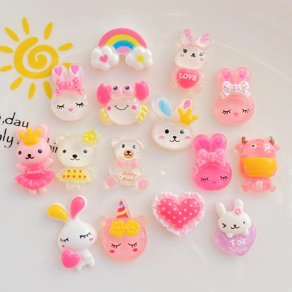 46pcs vibrant cartoon rabbits, teddy bears, rainbow resin statues - suitable for scrapbook making, DIY jewelry accessories, wedding decoration, and nail art matching