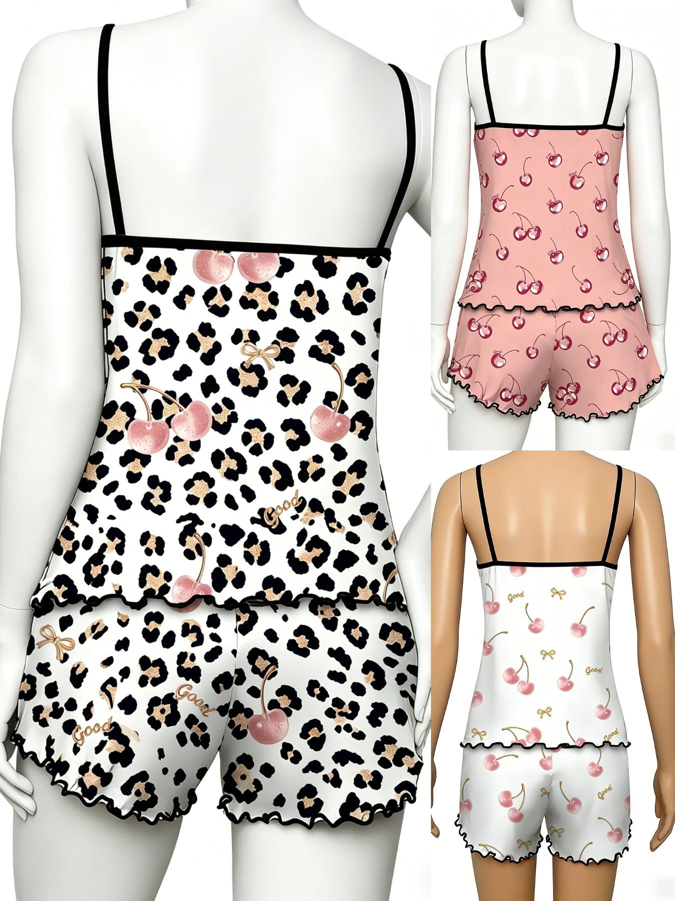 Cherry Print Halter Short Pajamas Set, Trim Ruffle Design, Sweet Cool Girl Style, Breathable Home Sleepwear, 3-Piece Combo