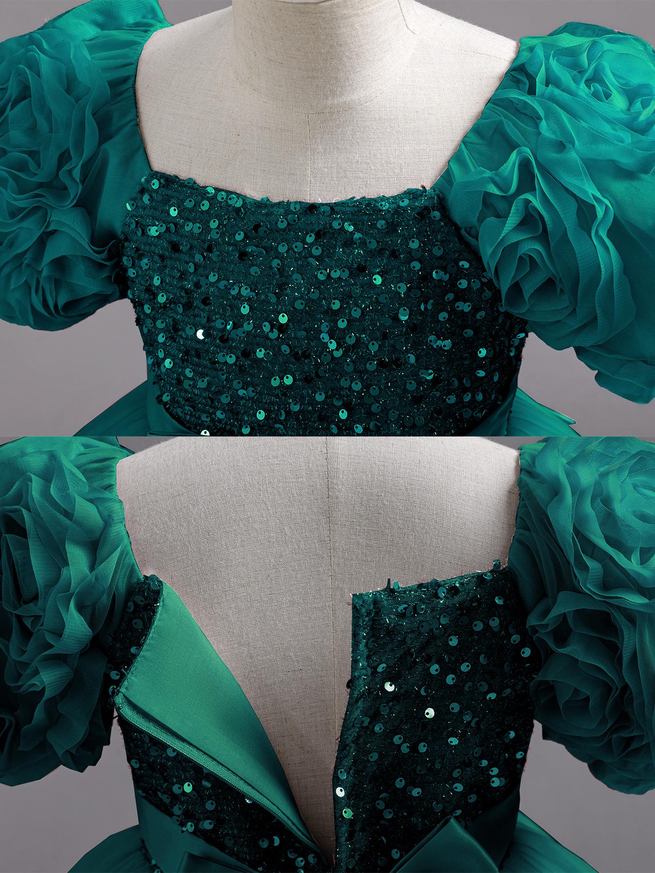 Girls Short Sleeve Party Dress Floral Embroidery Puffy Tulle Bow Flower Girl Princess Gown