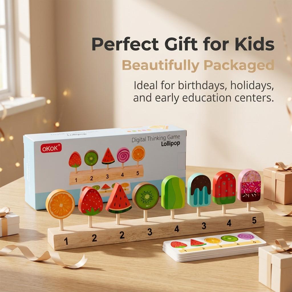 Wooden Number Matching Toy Set for Kids, Ice Cream Shape Early Education Blocks, Cognitive Game Kit, Christmas & Day Gift