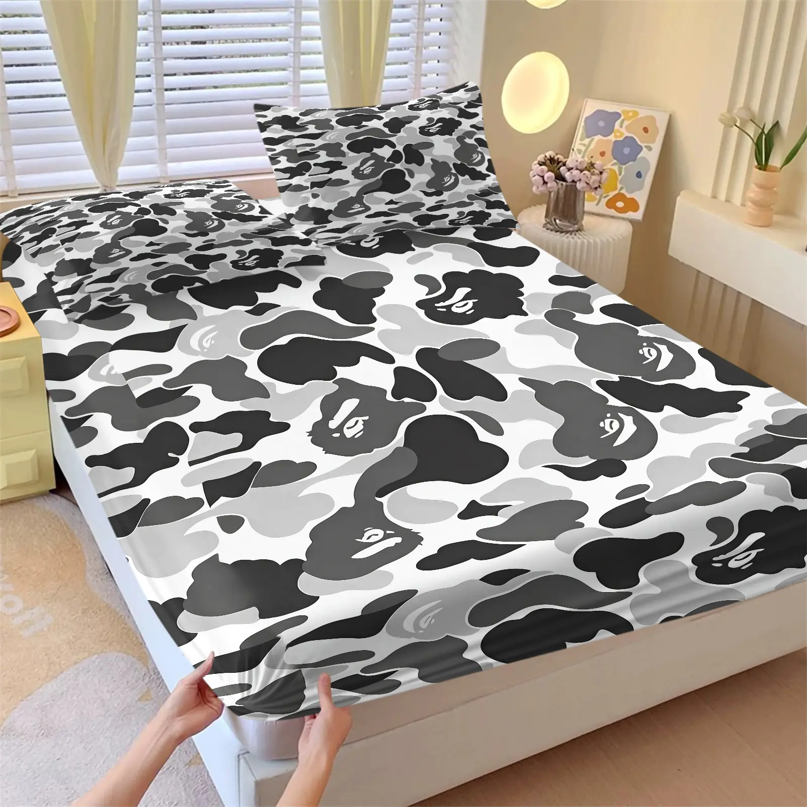 Streetwear Grayscale Camo Print Fitted Sheet Set and 2 Pillowcases No Core, Grey Tone ABC Camouflage Art Print Bedding Set All Size, Soft Anti-Slip Elastic Mattress Cover, Sweet Cool Trendy Bedroom Decor, Gift for Fans