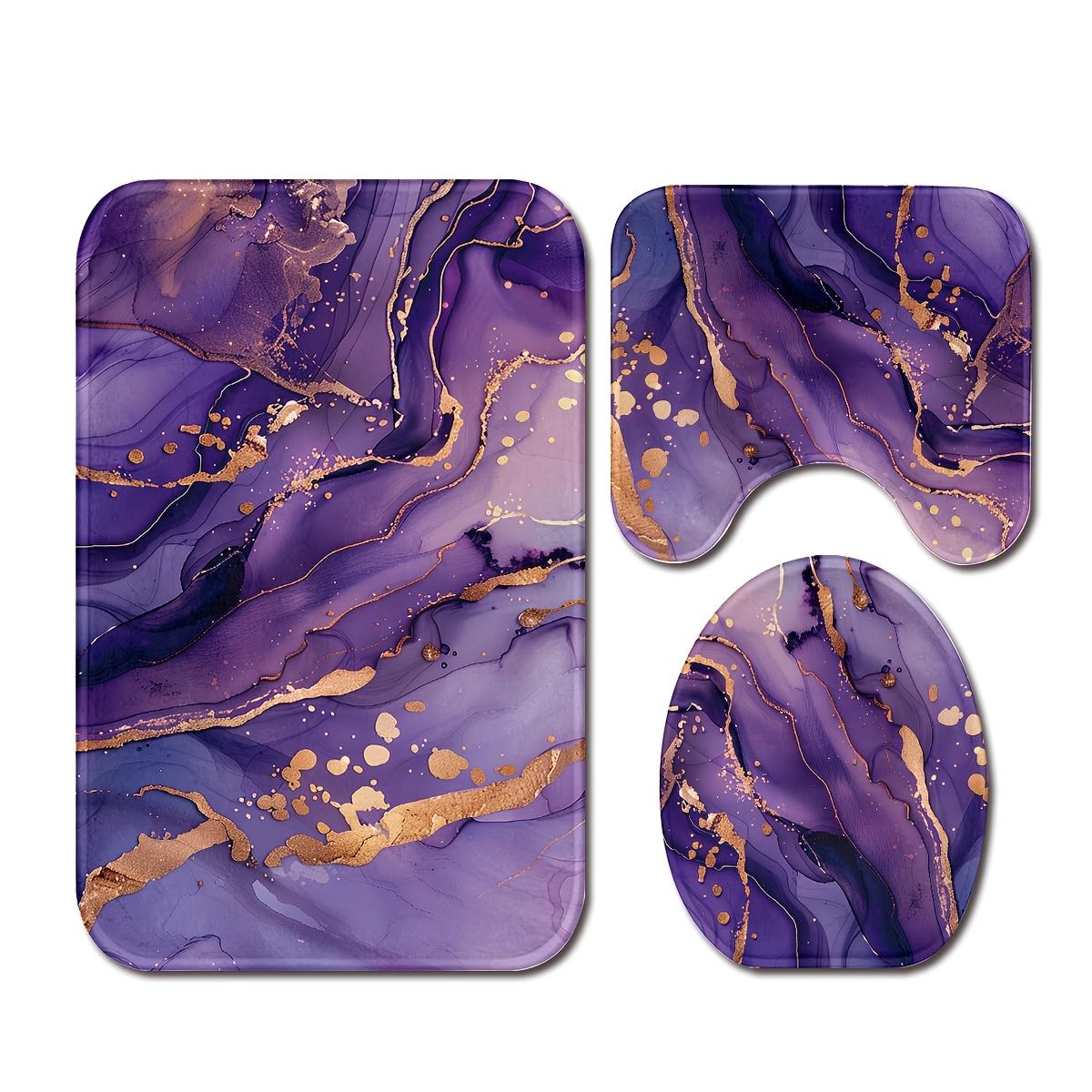 3pcs Purple Marble & Golden Flannel Bathroom Mat Set - Non-Slip, Soft, 100% Polyester, Modern Design - Includes U-Shaped Toilet Mat, Toilet Lid Cover & Rectangular Rug - Stylish Home Decor Accessories, Bathroom Deco
